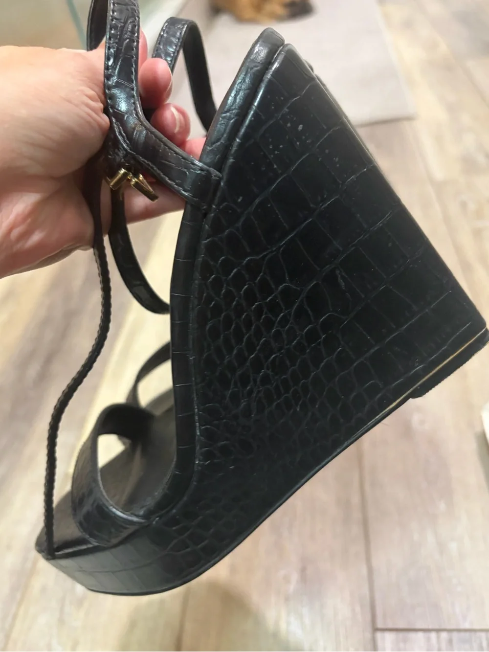 Express Black Croc-Textured Wedge Sandals with Ankle Strap